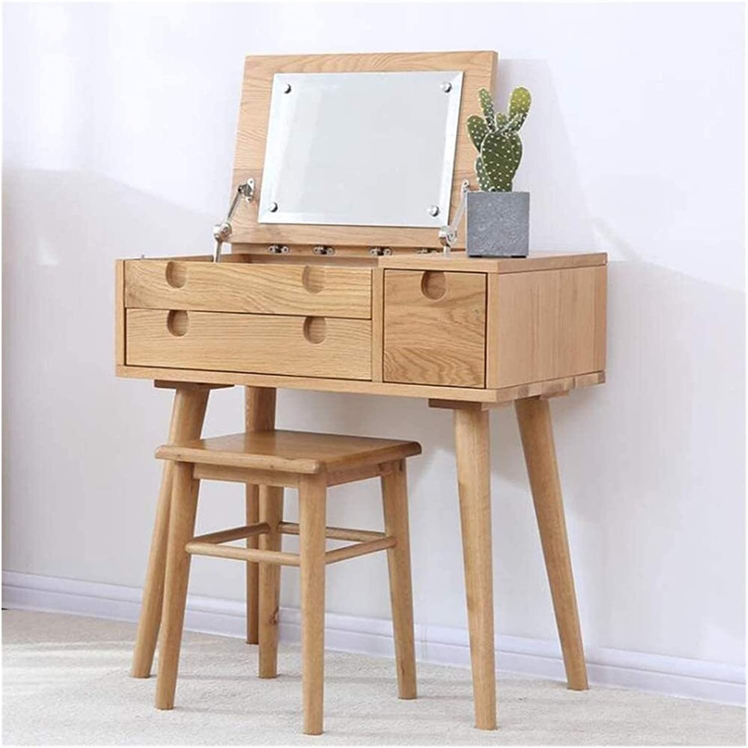 QULACO Luxury Dresser Table Vanity Makeup Table Set, Makeup Vanity Vanity Flip Top Mirror, Solid Wood Dressing Table, Writing Desk with Stool Set, 2 Drawers