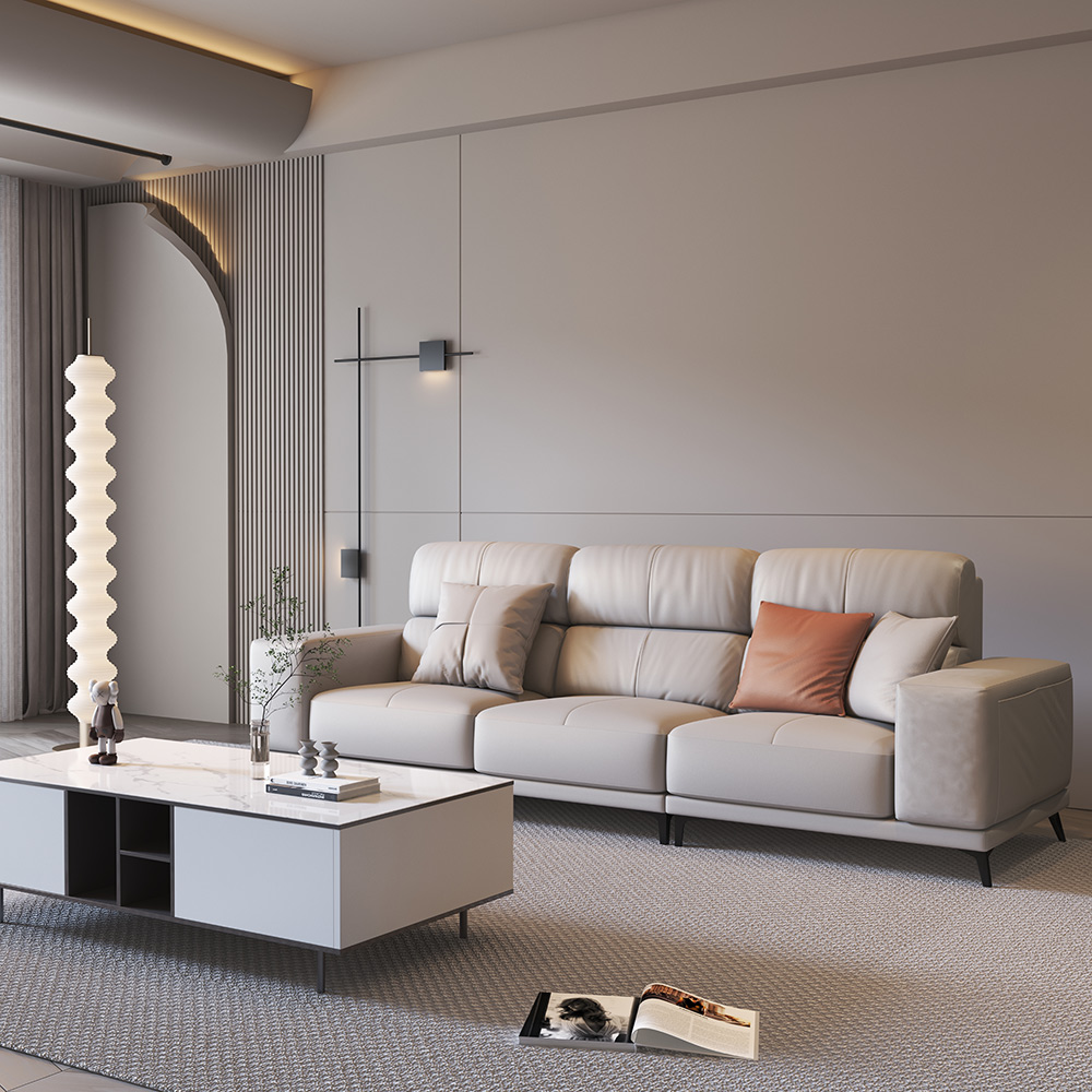 110'' Modern Leather Section Sofa with Doll Cotton Bags, Metal Legs, Gray, Skin Friendly Fabric, For Living Room