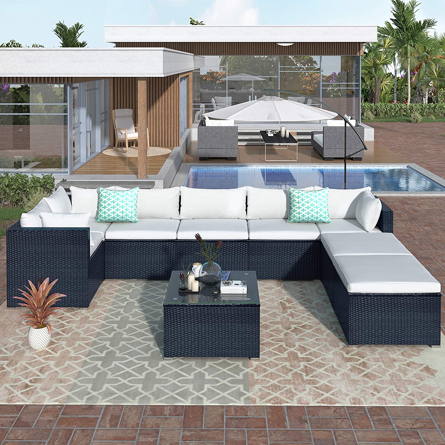 Evedy Funiture 9-Piece Patio Rattan Conversation, Outdoor PE Sectional Sofa Sets(Black Wicker, Beige Cushion)