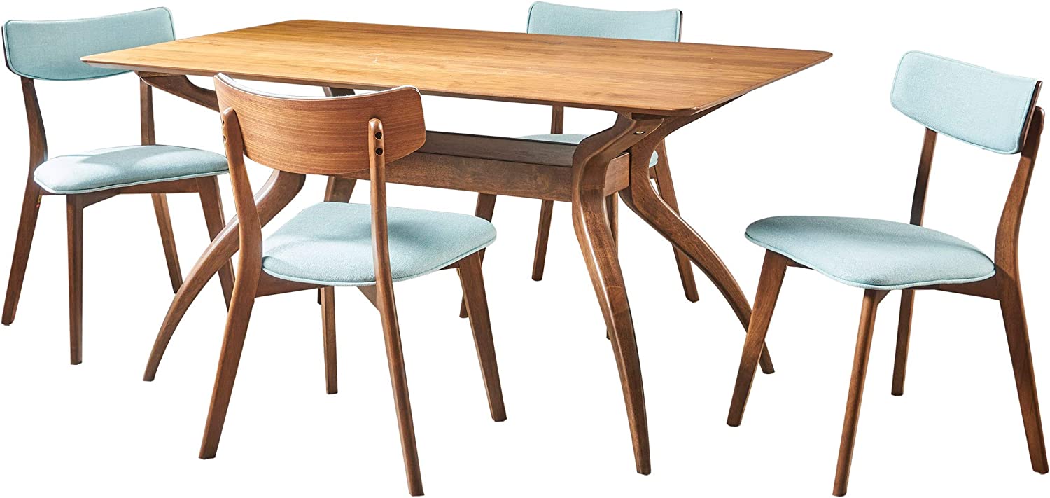 Christopher Knight Home Nissie Mid-Century Wood Dining Set with Fabric Chairs, 5-Pcs Set, Natural Walnut Finish / Mint
