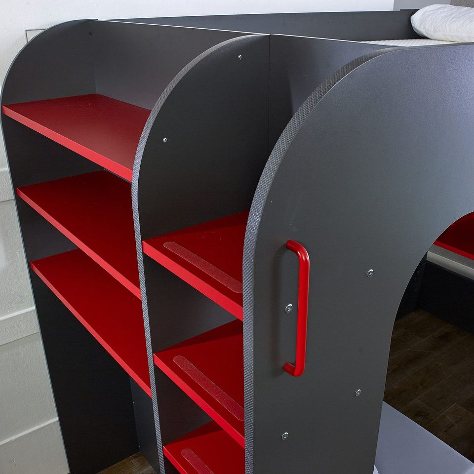 PodBed High Sleeper Gaming Bed with Sofa Bed, Built-In Desk & Open Wardrobe