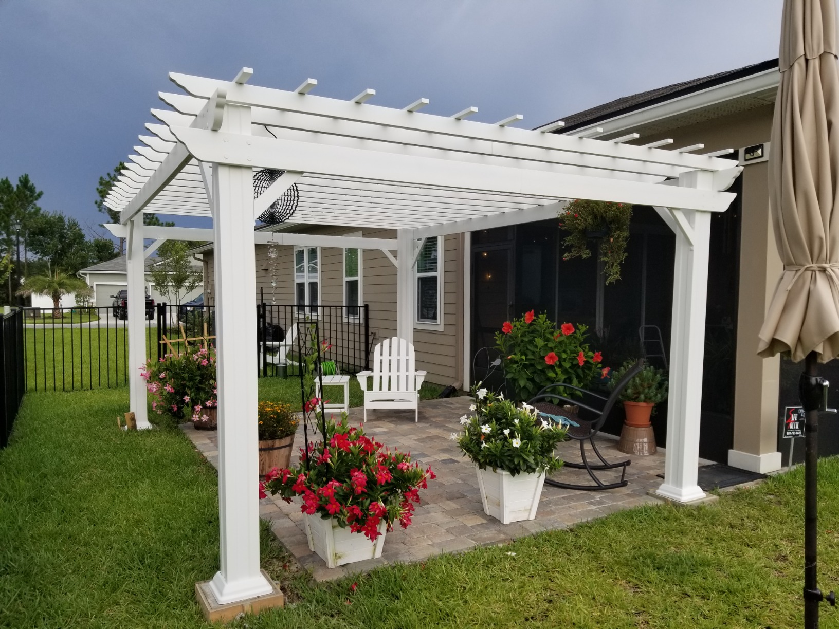 【Home&Garden】14' x 10' White Steel Traditional Pergola with Sail Shade Soft Canopy