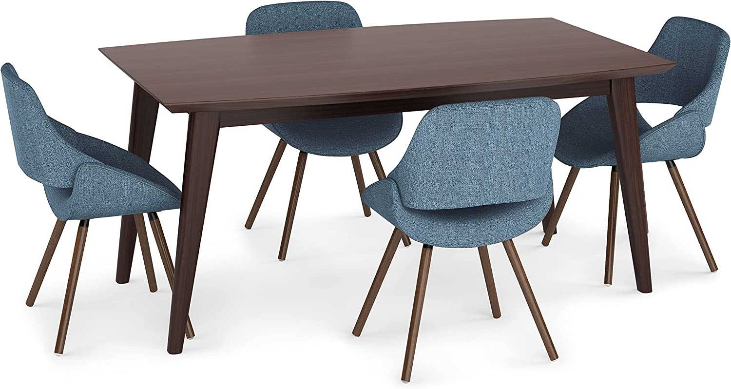 SIMPLIHOME Malden Mid Century Modern V 7 Pc Dining Set with 6 Upholstered Bentwood Dining Chairs in Natural Woven Polyester Fabric and 66 inch Wide Table SOLID MANGO WOOD Full Assembly Required