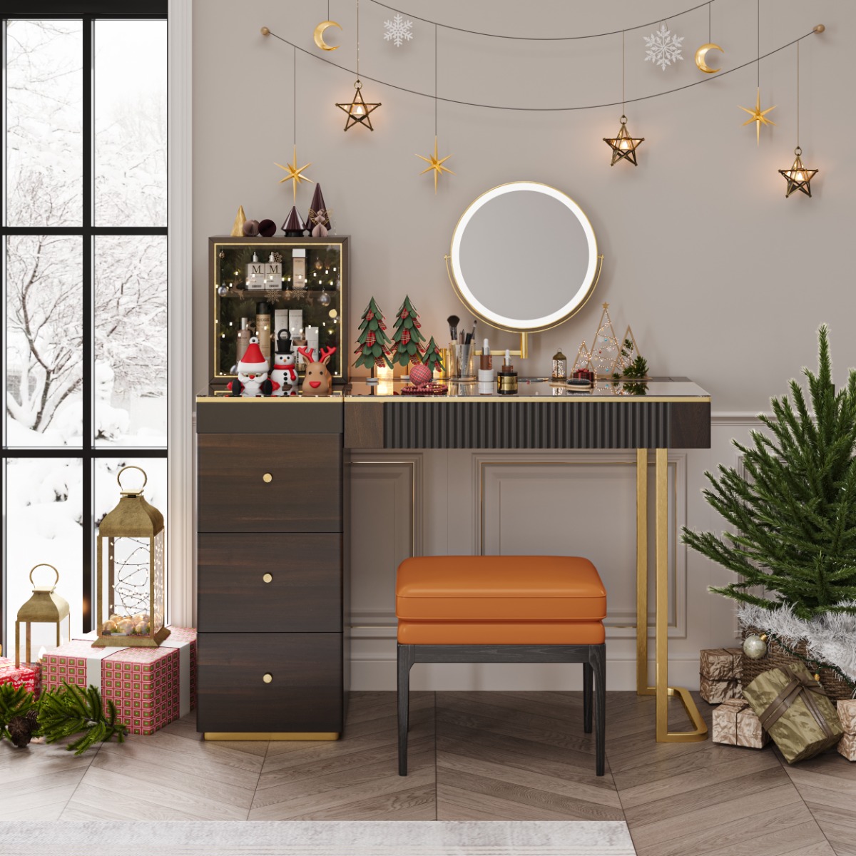 Wood Makeup Vanity Table Set with LED Lighted Mirror, Tempered Glass Top, 5 Drawers, Gold Stainless Steel Legs, Stool, 47.2