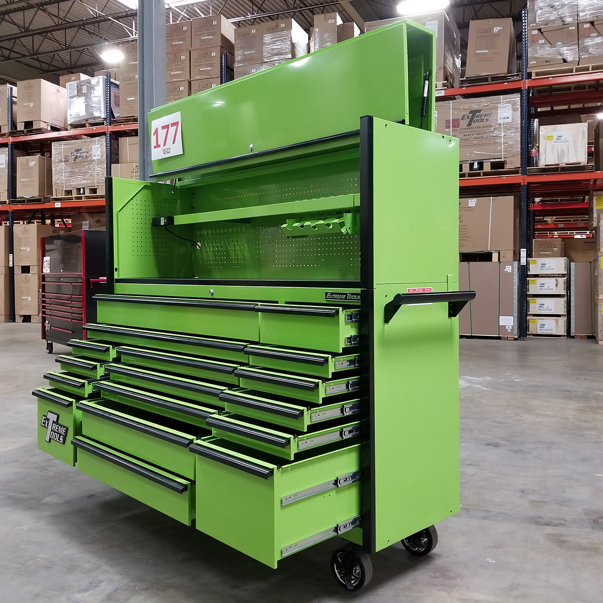n- used toolboxScratch & Dent, Extreme Tools DX Series 72 x 21 Triple Bank Roller & Hutch Combo in Green-Black C Showroom Demon-