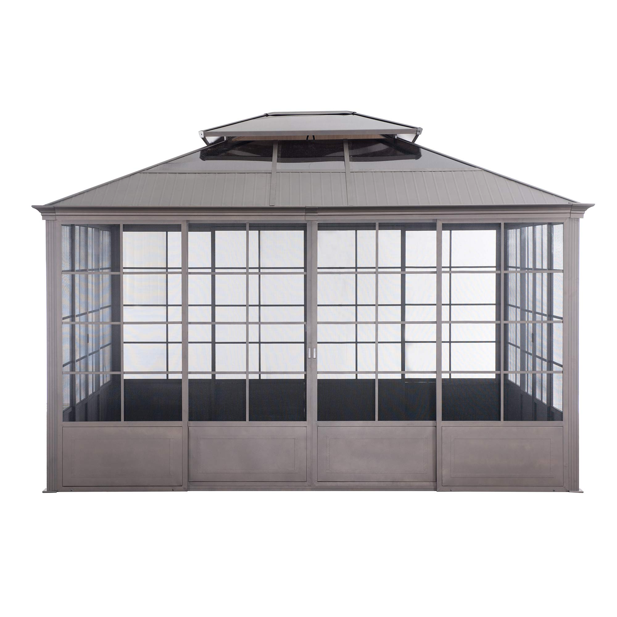 【Home&Garden】Outdoor Sunroom 12x14 ft. Steel Screenhouse with 2-Tier Hardtop Hot Tub Gazebo, Brown