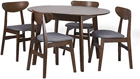 Dining Room Set of 4 Yumiko Chairs and Extendable Round Dining Table Kitchen Modern Solid Wood Medium Brown