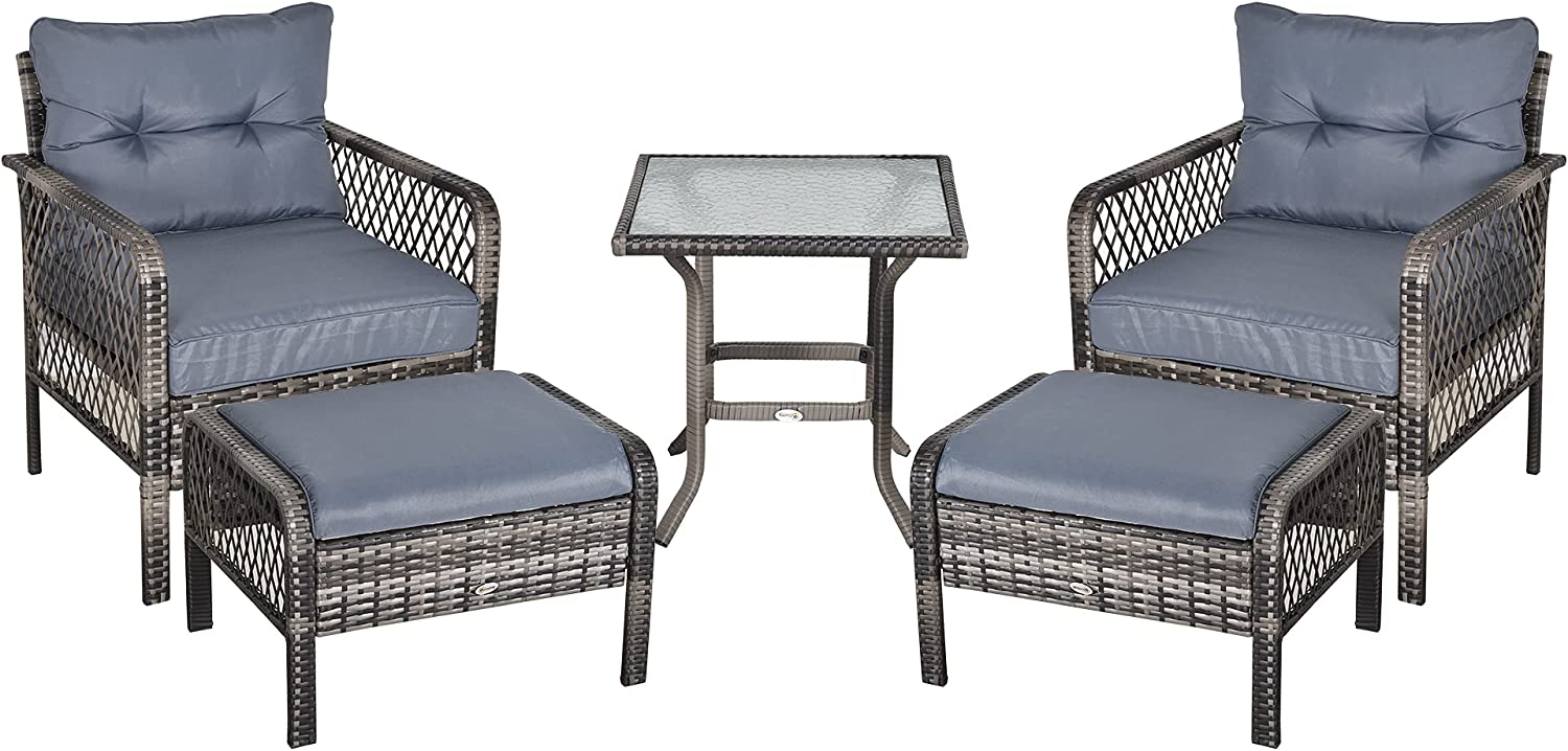 Outsunny 5-Piece Wicker Patio Armchair Set with Ottoman, Outdoor PE Rattan Furniture Set with Comfortable Zippered Cushions & Weather-Fighting Build, Grey