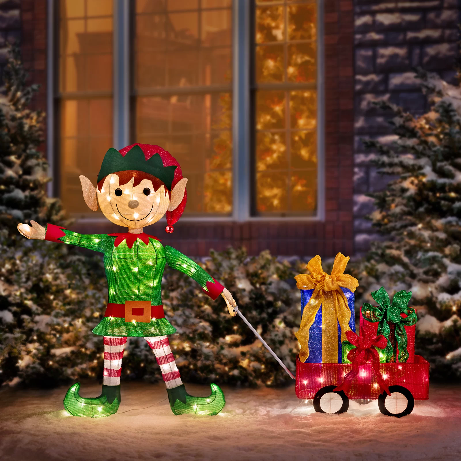【Décor】2 Piece Elf Pulling Wagon Lighted Display Set
