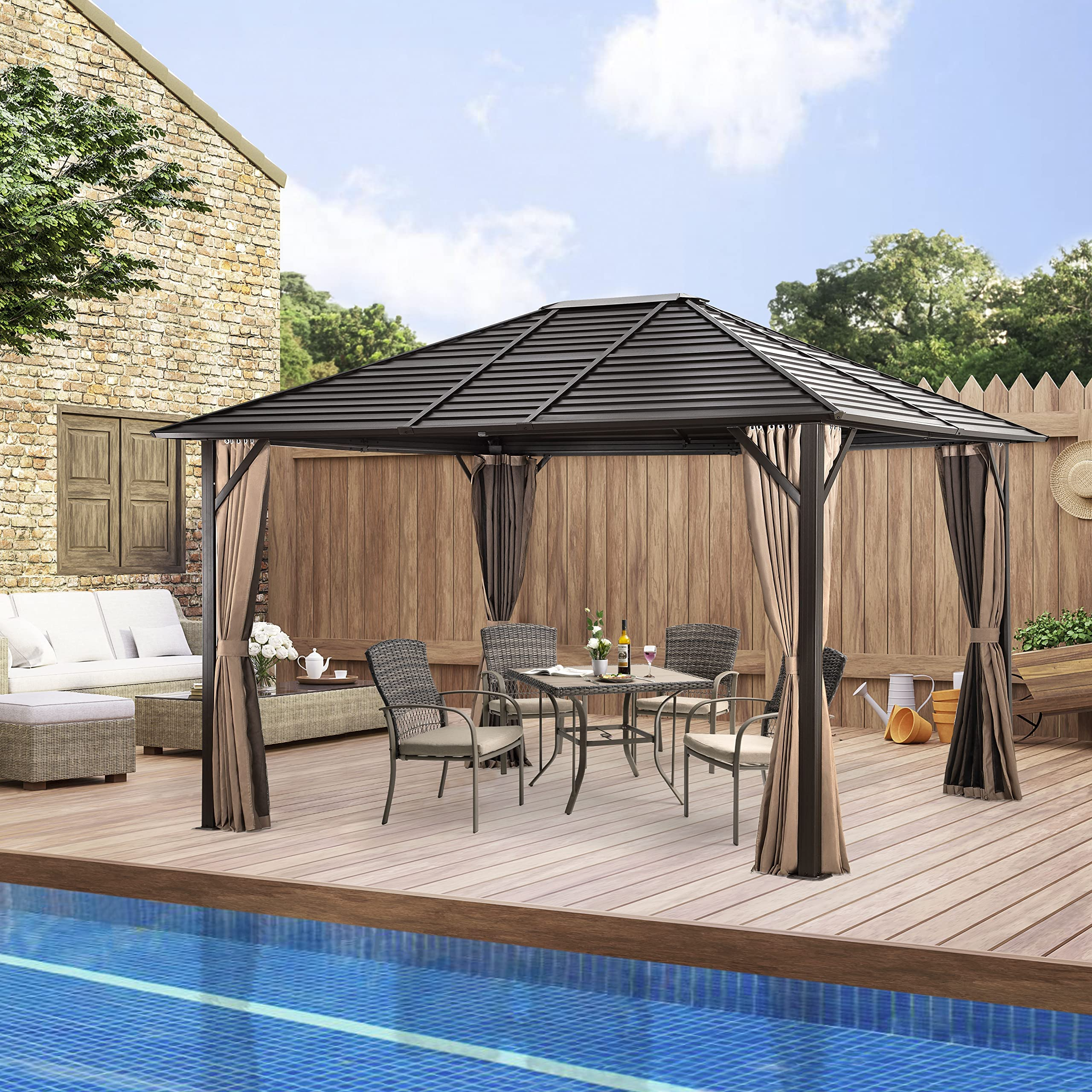 【Gazebo】10'x12' Patio Hardtop Gazebo with Fully Enclosed Zip Curtains & Breathable Mesh