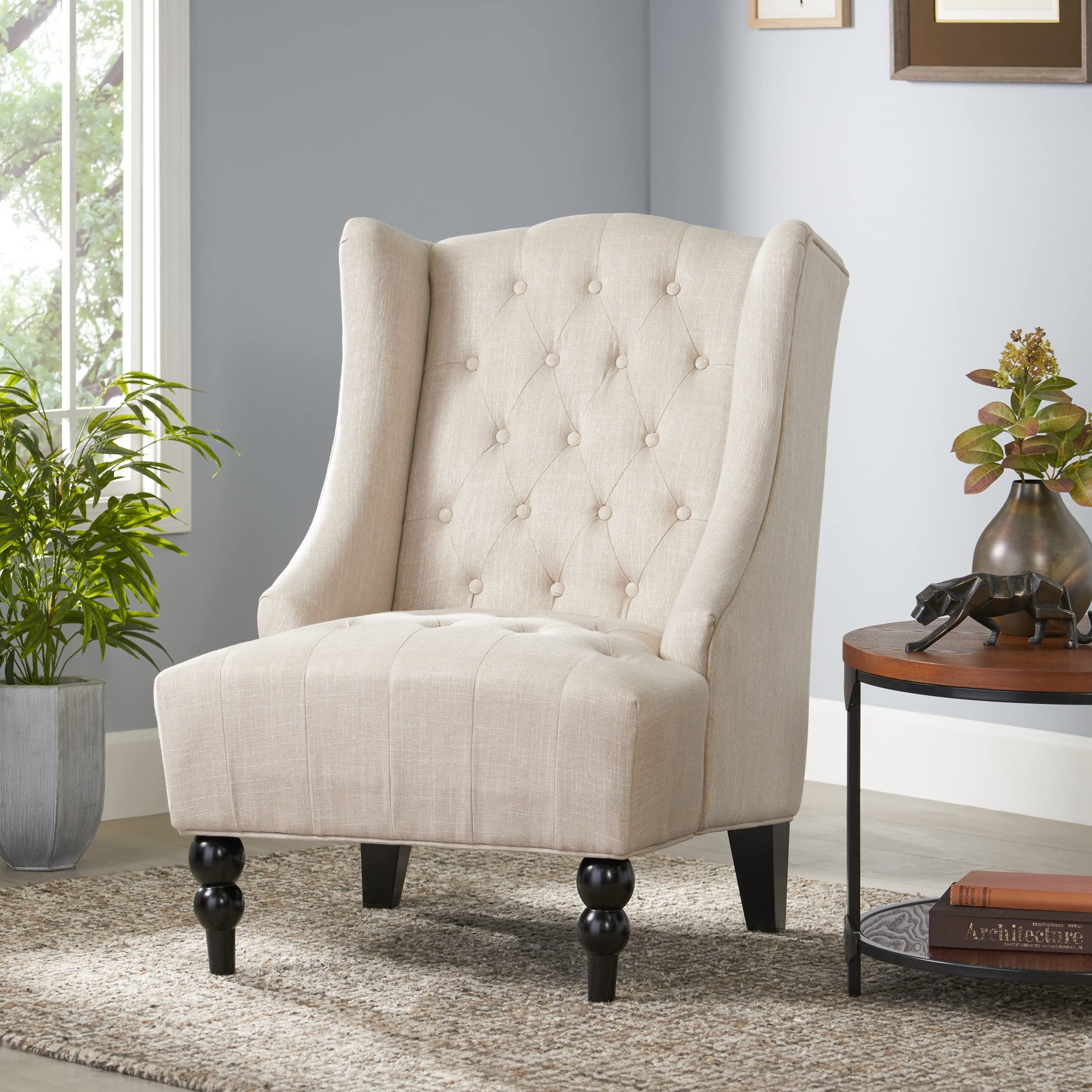 【Furniture】Great Deal Furniture Clarice Tall Wingback Tufted Fabric Accent Chair