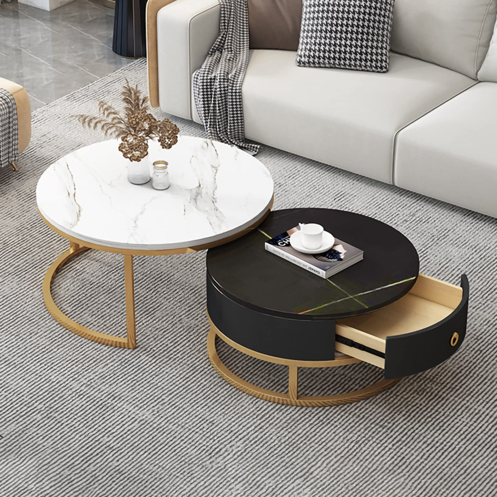 【Furniture】Round Coffee Table Set of 2, Nesting Side End Table Set with Drawer Storage