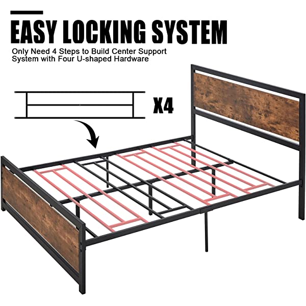 Amerlife Queen Size Bed Frame with Wood Headboard - Metal Platform Bed with Industrial Footboard - Heavy Duty Steel Mattress Foundation/ 4 U-Shaped Support Frames/Rustic Country Style/Easy Assembly Queen Dark Brown
